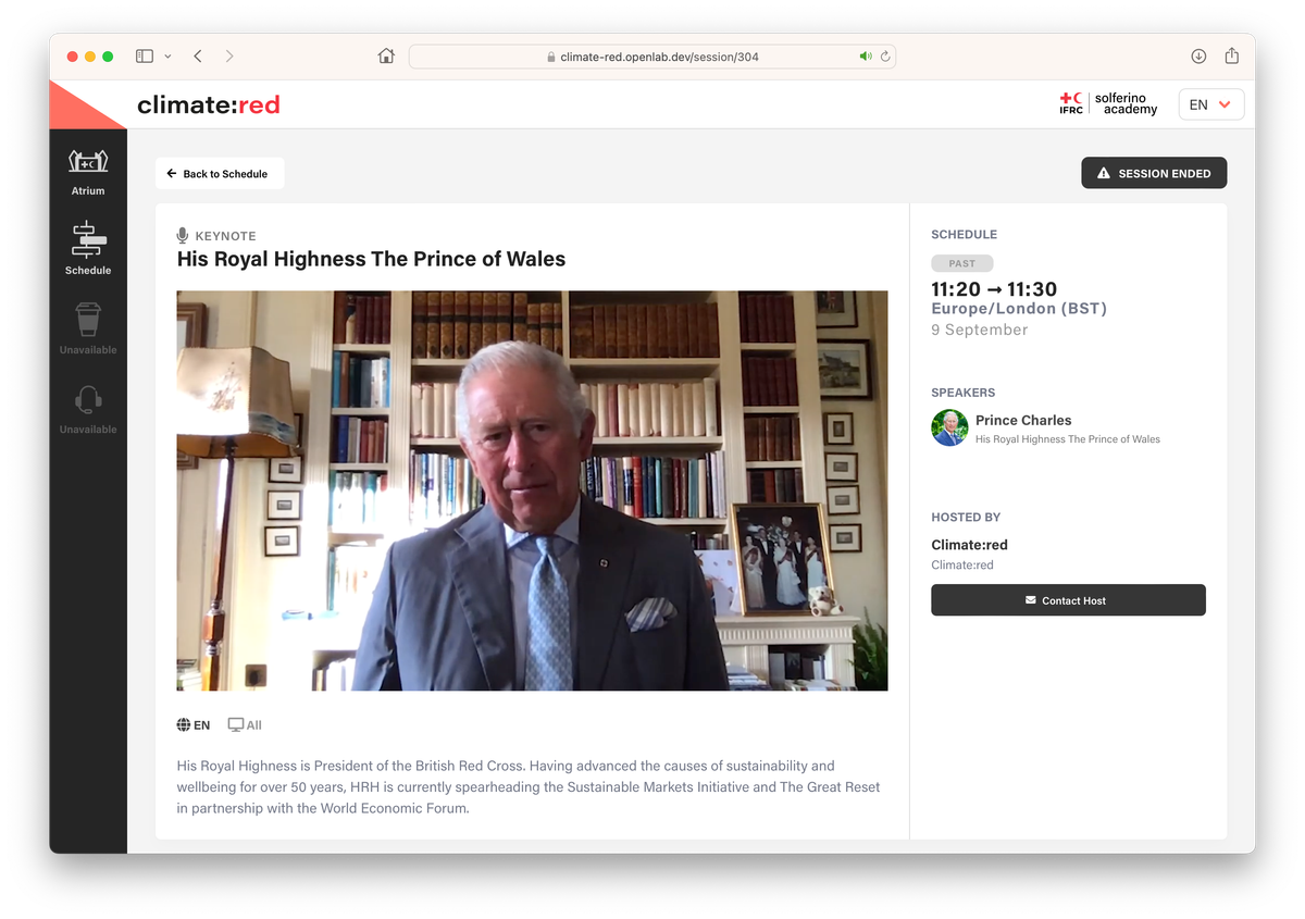 Prince Charles adressing conference attendees at Climate:Red